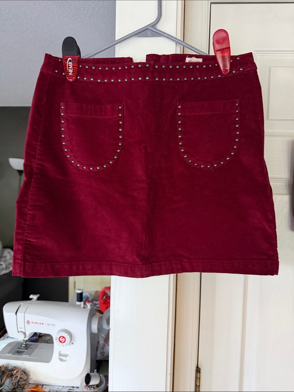 Corduroy Mini Skirt in Deep Wine with Studded Pocket Detail